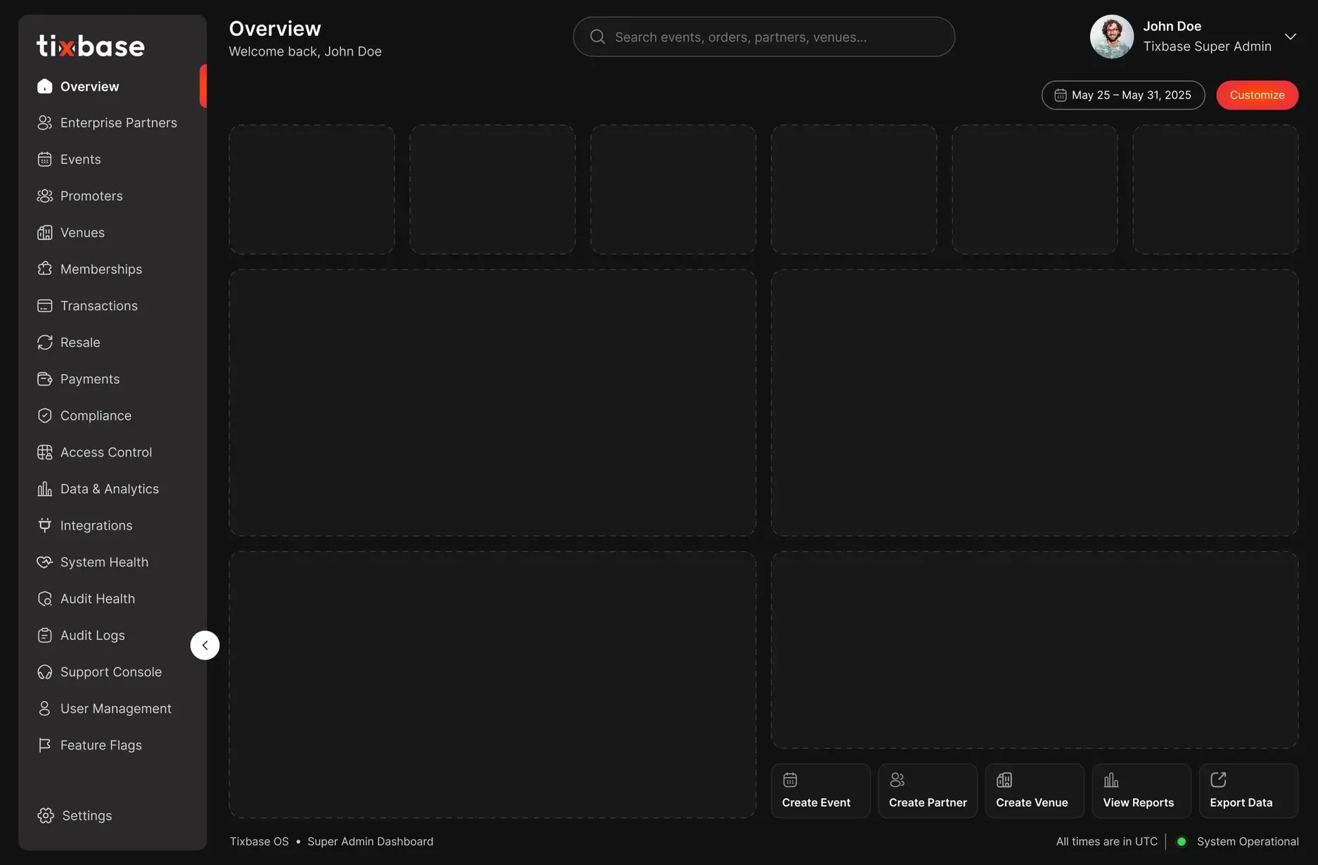 Tixbase operator dashboard — Overview with tenants, promoters, events, transactions and payouts